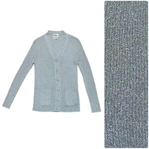 Vintage Dalton Metallic Cardigan Silver V-Neck Ribbed Lurex Knit Sweater 60s 70s